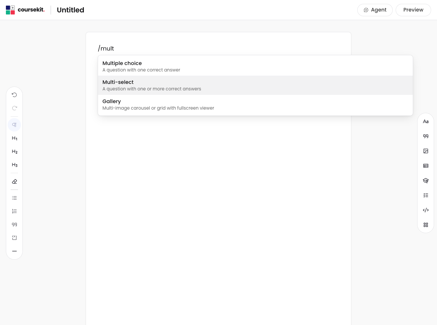 Slash menu open, filtered to multiple choice